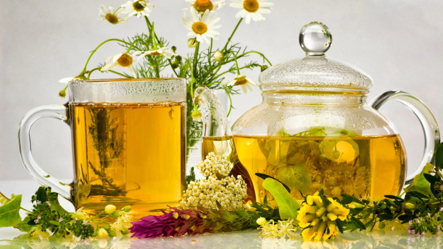 Glas und Kanne mit Kräutertee