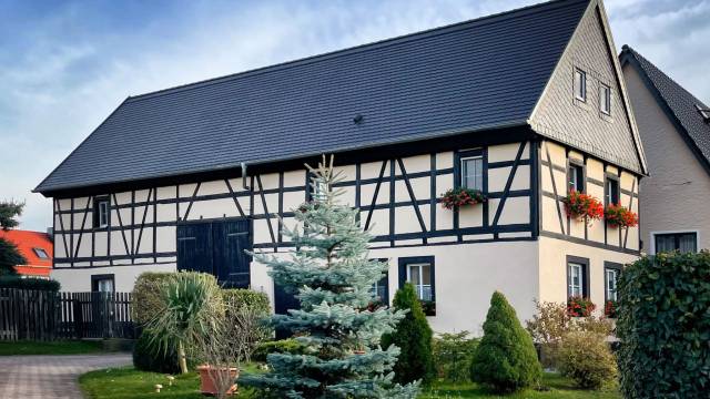 Blick auf Fachwerkhaus