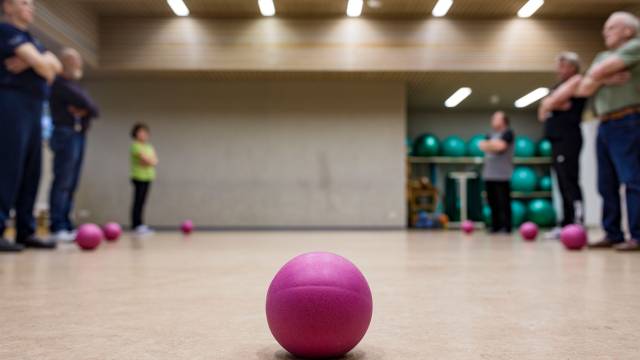Pinker Ball im Vordergrund, Personen unscharf im Hintergrund bei Übungen